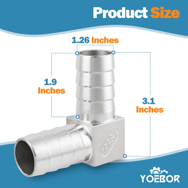 Yoebor Metalwork 304 Stainless Steel Hose Barb Fitting 90 Degree L Right Angle Elbow, 1-1/4" Barbed x 1-1/4" Barbed, Pack of 2 - Image 3
